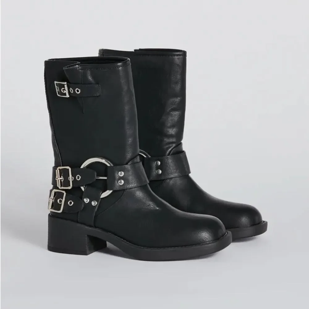BLACK MOTO COMBAT BIKER BUCKLE BOOTIES